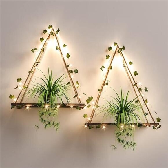 Artificial Ivy LED-Strip Wall Hanging Shelves Set of 2, Macrame Shelf Bedroom - Picture 7 of 7